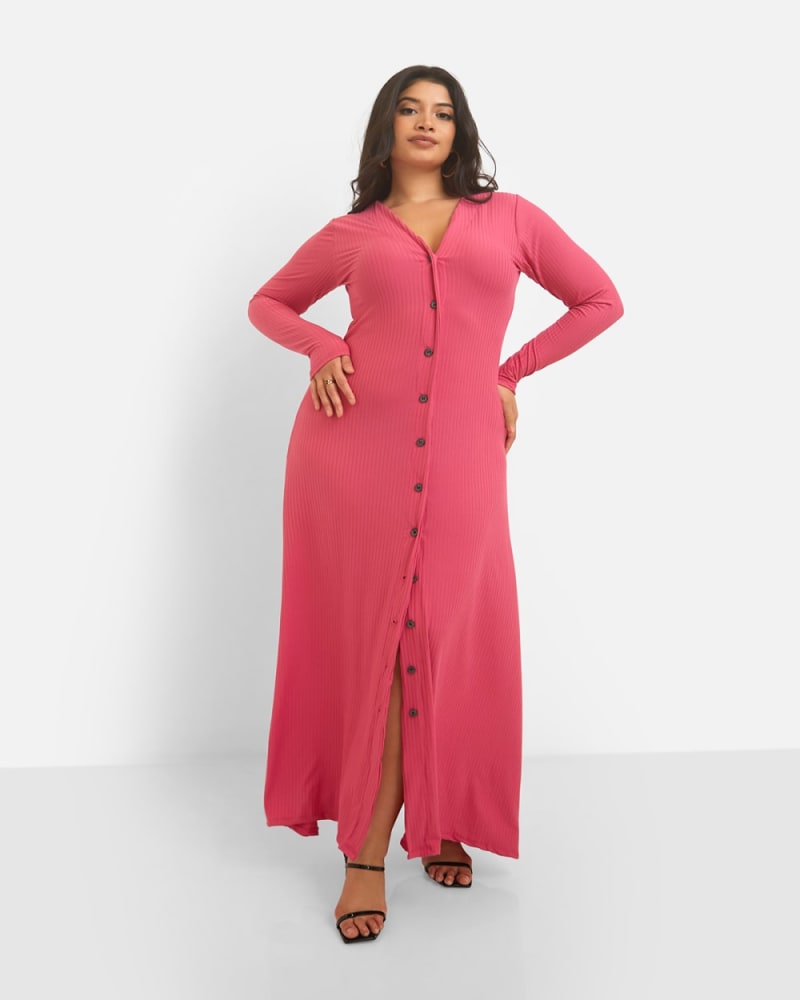 Front of a model wearing a size L Devoted Ribbed Button Front Maxi A Line Dress in Fuchsia by Rebdolls. | dia_product_style_image_id:328514